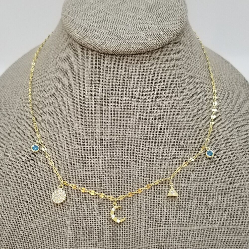 Celestial Necklace - Moon, Pyramid, Blue Crystals - Gold over Sterling Silver